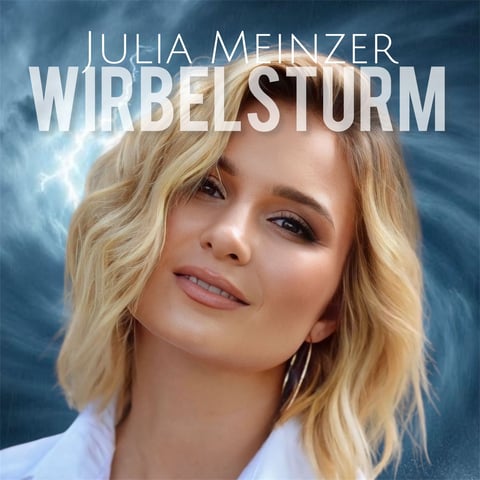 Album cover for Wirbelsturm by Julia Meinzer featuring a blonde woman against a stormy blue background