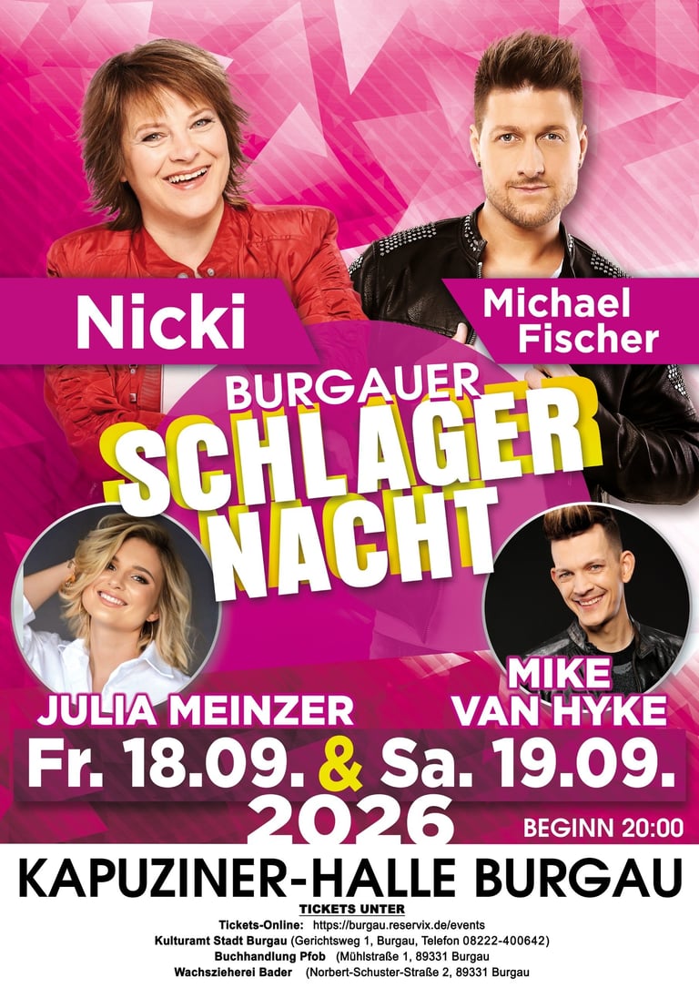 Burgauer Schlagernacht event poster featuring Nicki, Michael Fischer, Julia Meinzer, and Mike van Hyke performing September 18-19, 2026 at Kapuziner-Halle Burgau