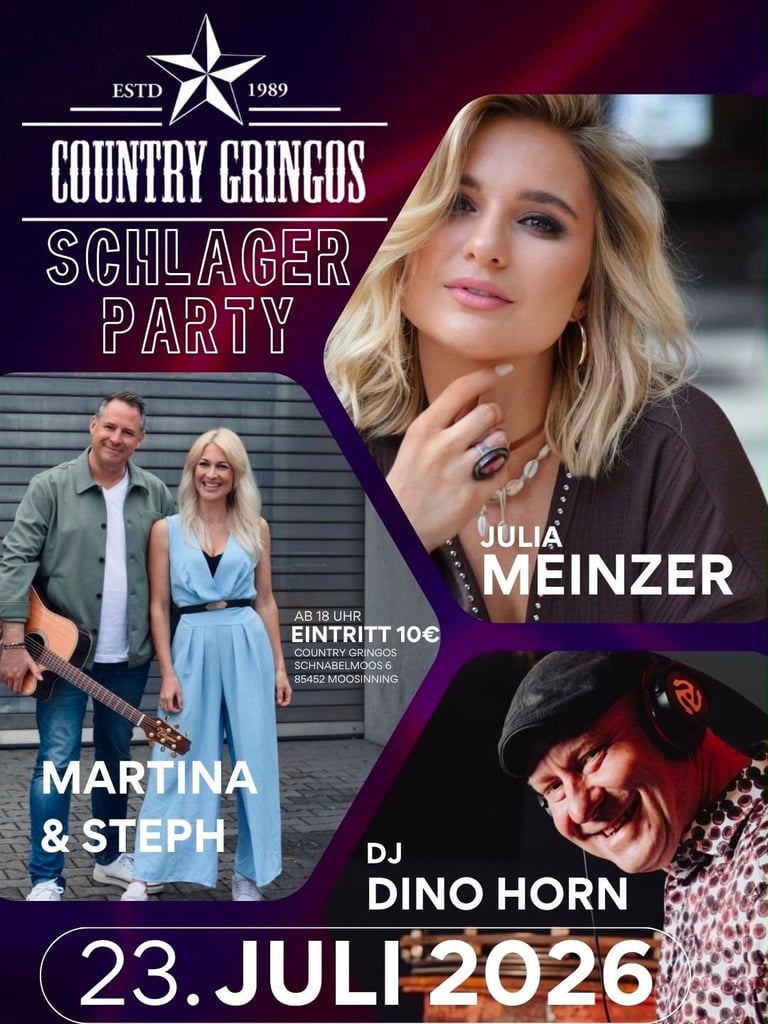 Country Gringos Schlager Party event poster featuring performers Martina & Steph, Julia Meinzer, and DJ Dino Horn on July 23, 2026