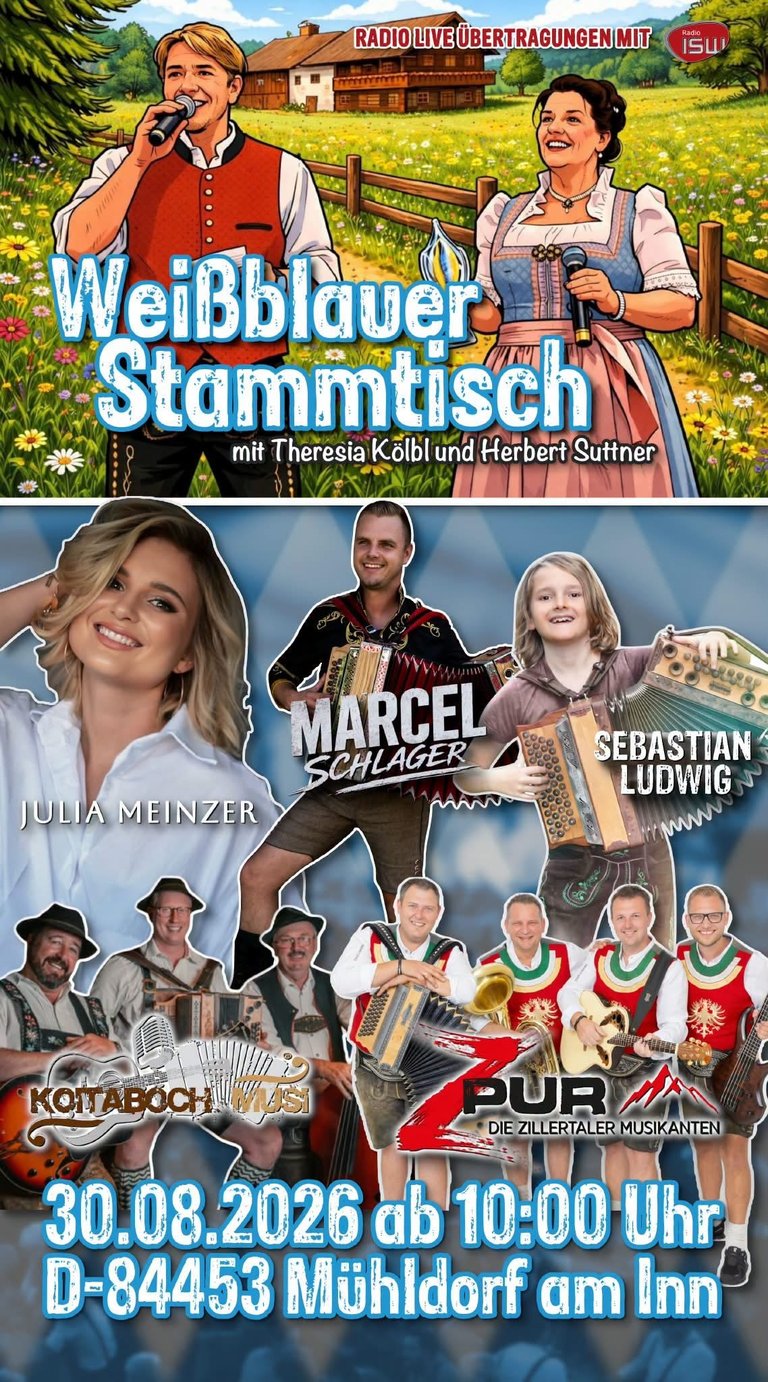 Poster for Weißblauer Stammtisch radio event featuring performers in traditional Bavarian dress, scheduled for August 30, 2026 in Mühldorf